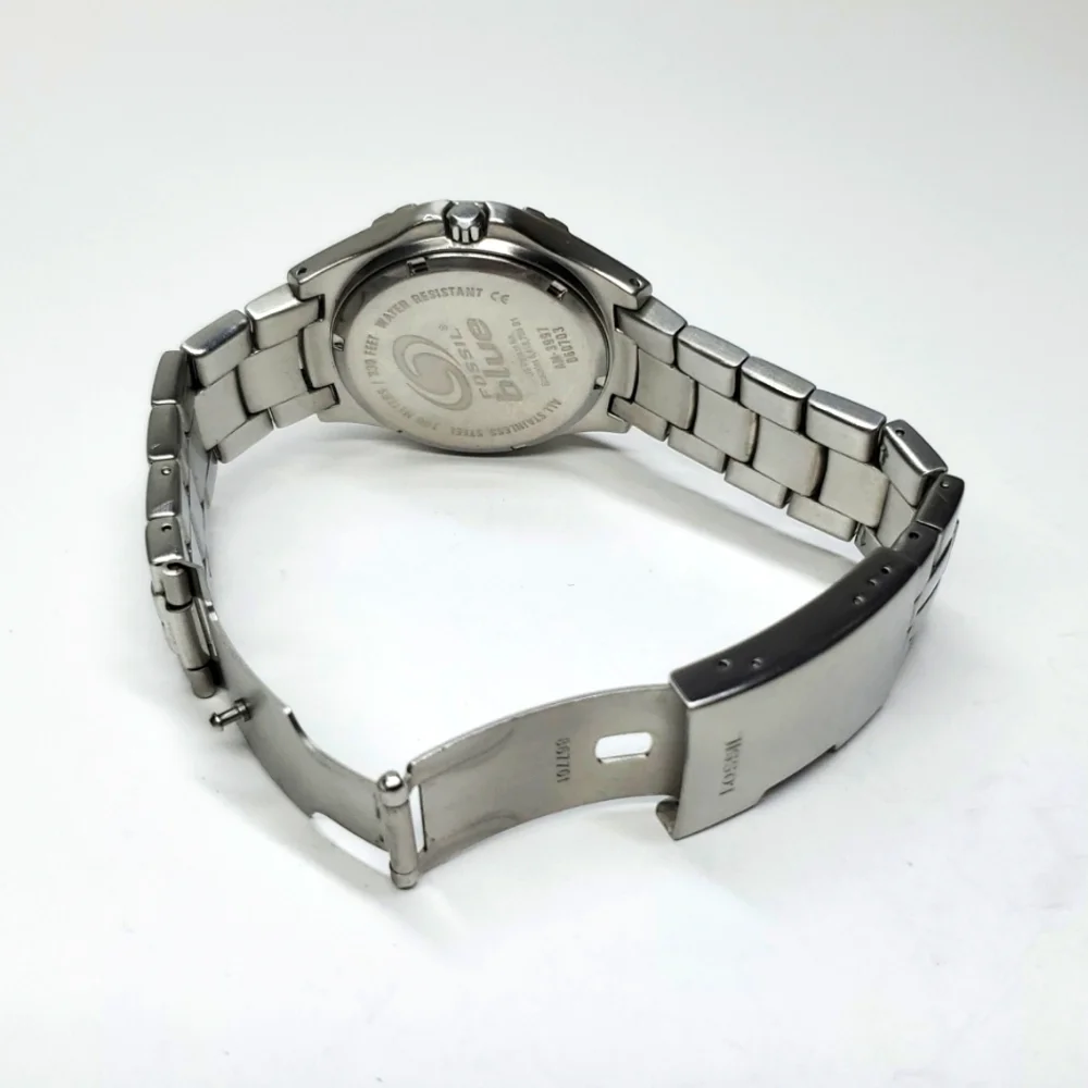 Vintage Fossil Blue AM-3997 Mens Watch Silver Steel Wristband Gray Face Watch